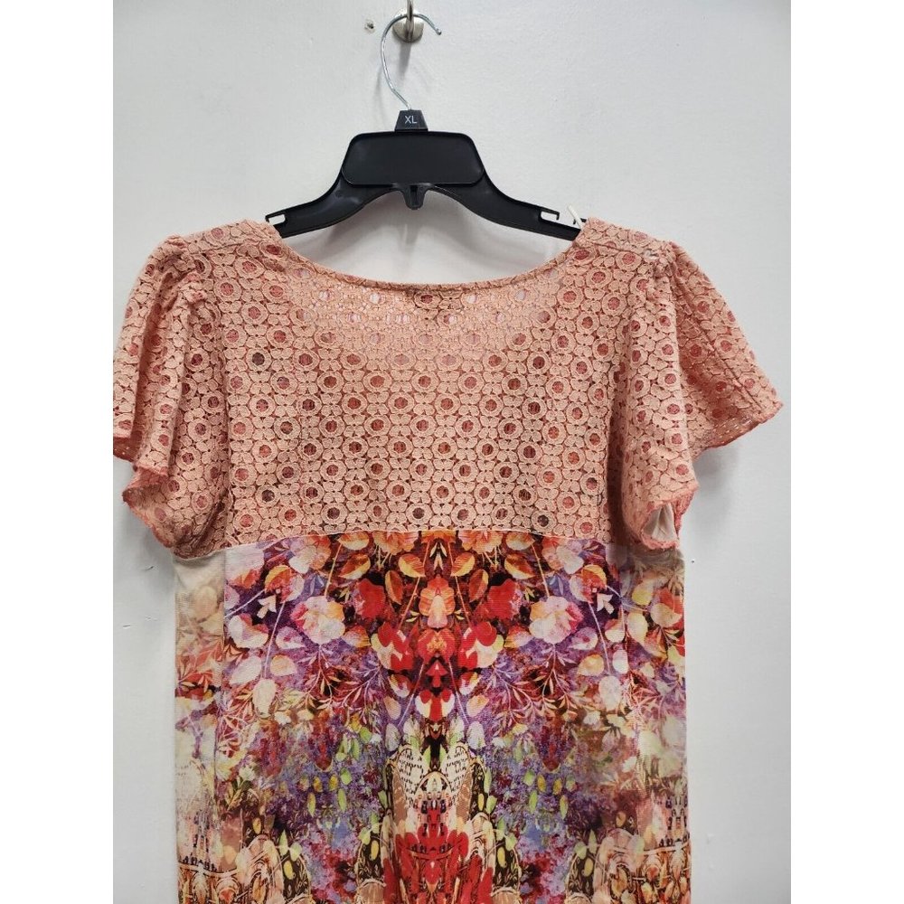 Live & Let Live Women BOHO Top Size Large Coral Floral Lace Yoke Flutter Sleeve - Picture 9 of 9
